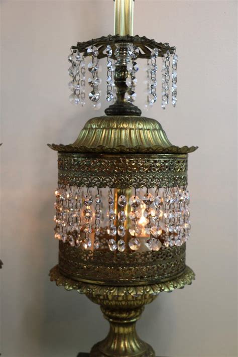 antique metal round table with fabric top and hanging crystals|Antique Lamp With Hanging Crystals .